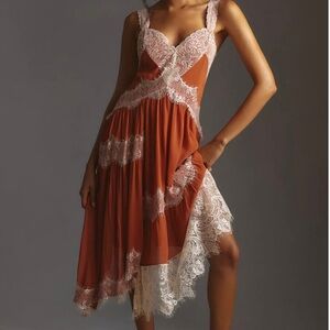 By Anthropologie Sleeveless Asymmetrical Lace Midi Dress